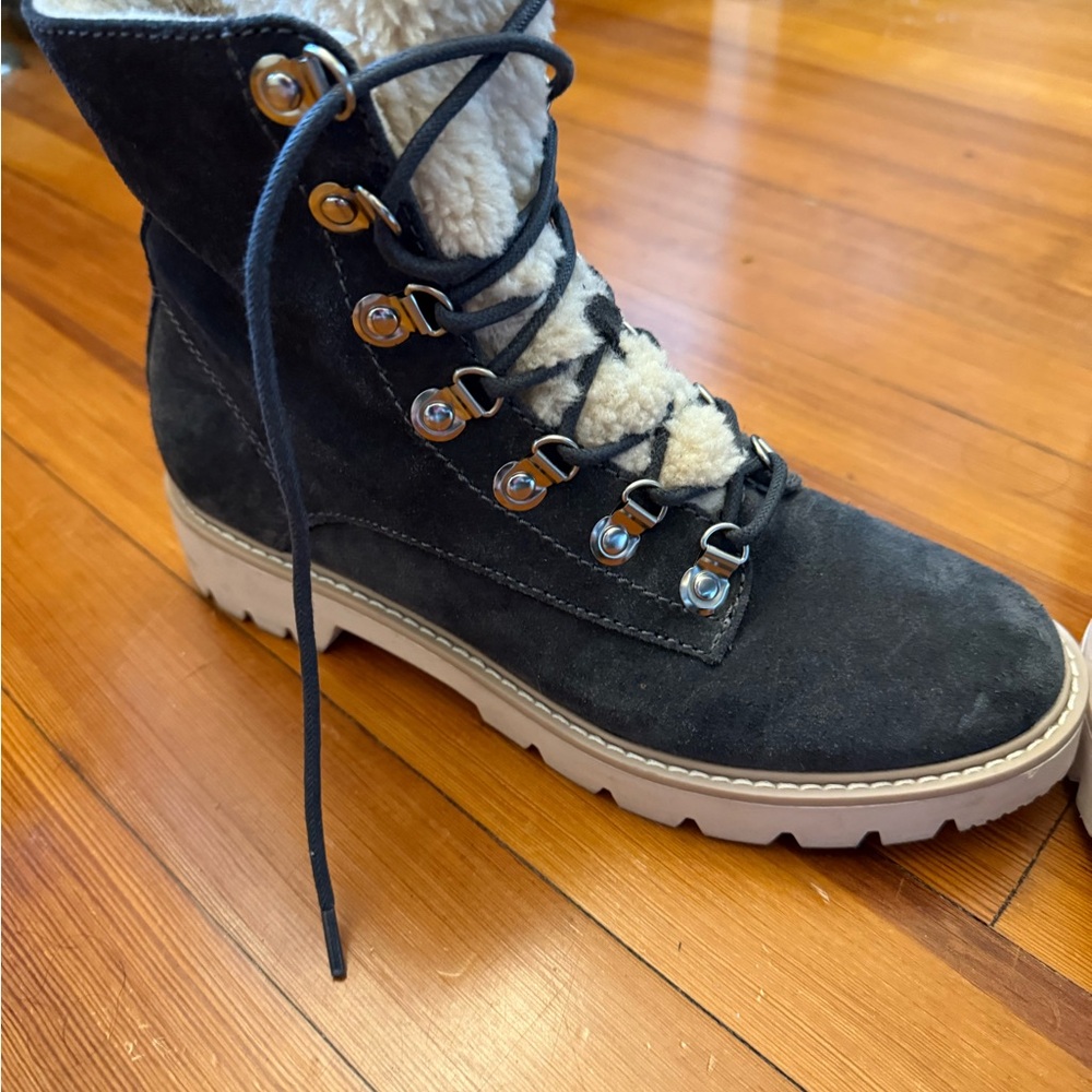 Cream and Black Lace Up Boots with Rugged Sole